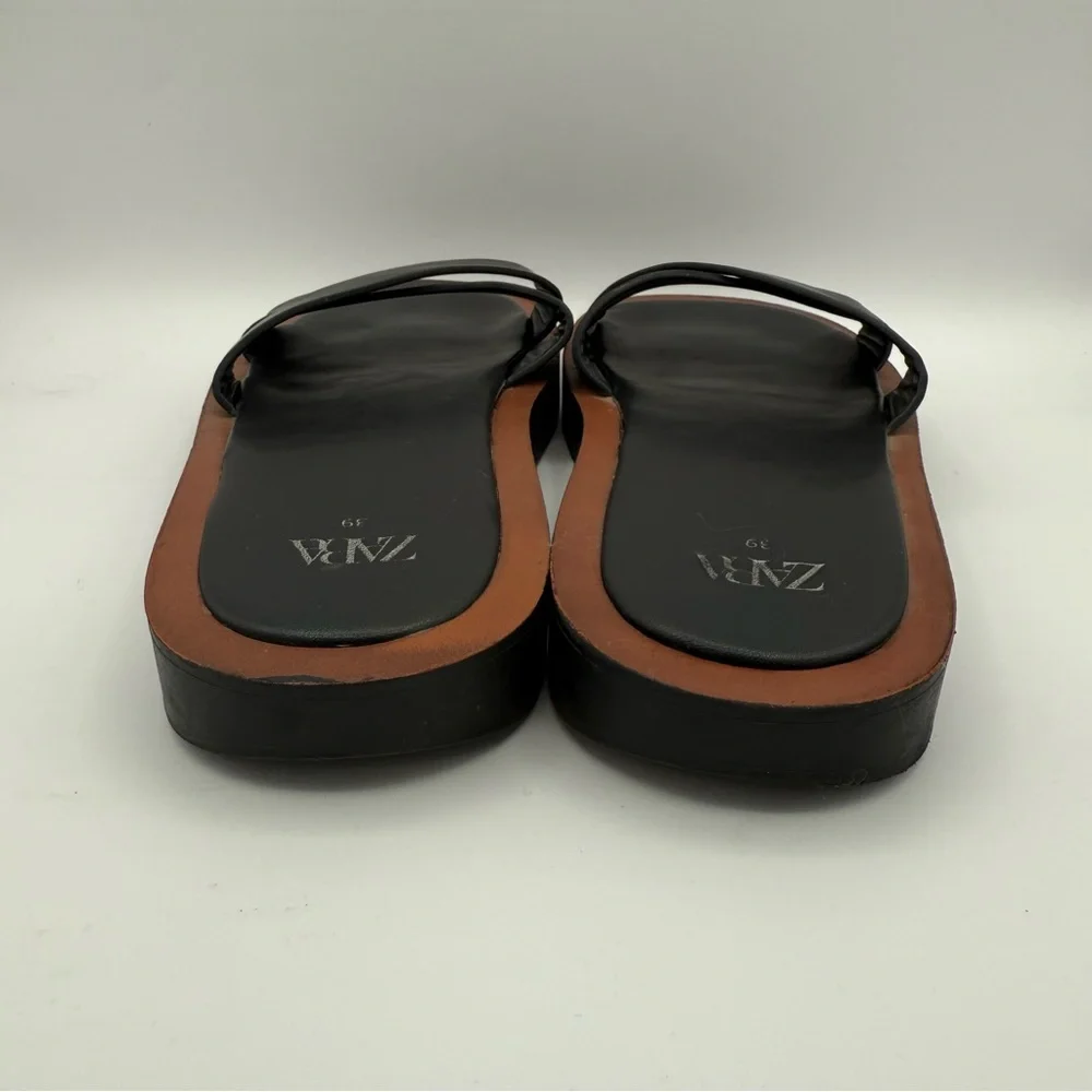 Women’s Zara Black Brown Minimal Flat Slip-On‎ Comfortable Strap Sandals Size 39